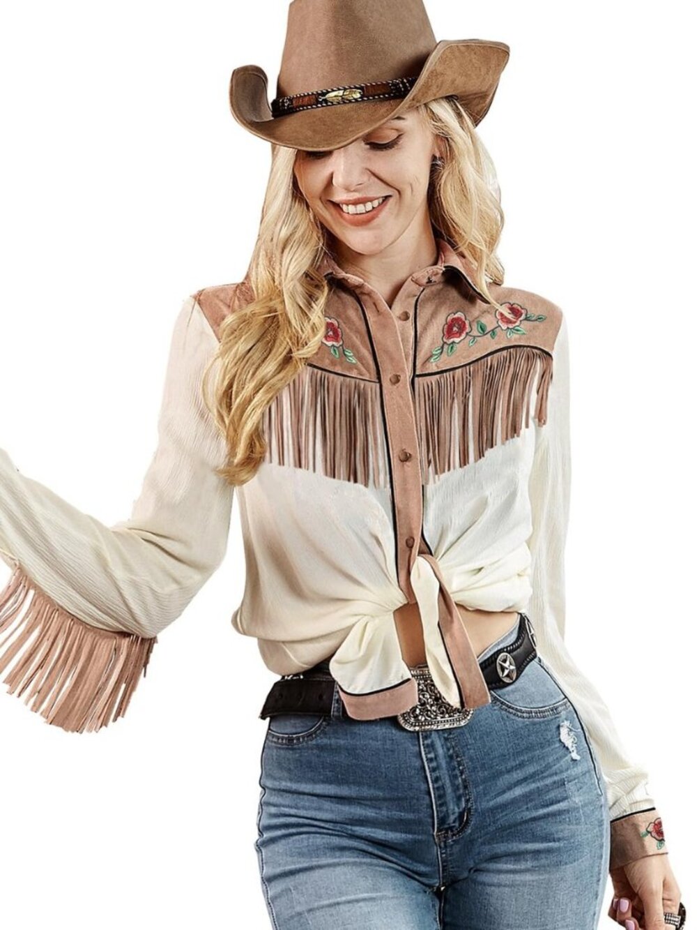 Women Fringe Western Shirt Stretch Embroidered
